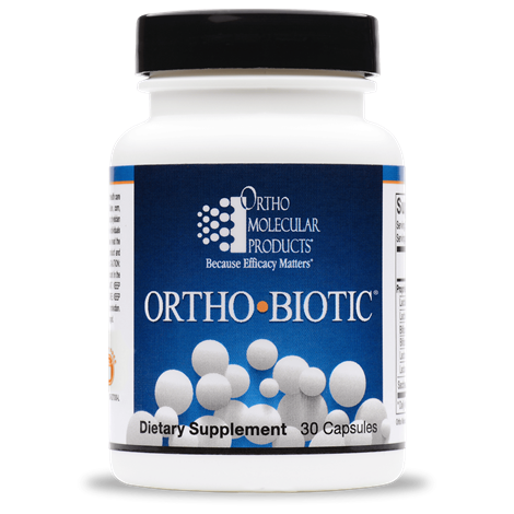 A bottle of OrthoMolecular Products Ortho Biotic Capsules, with the label showing the product name and the number of capsules.