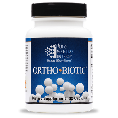 A bottle of OrthoMolecular Products Ortho Biotic Capsules, with the label showing the product name and the number of capsules.