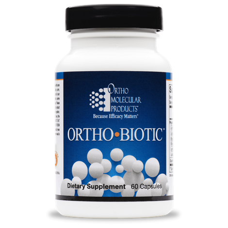A bottle of OrthoMolecular Products Ortho Biotic Capsules, with the label showing the product name and the number of capsules.