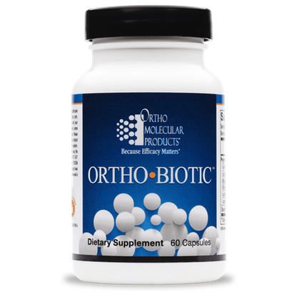 A bottle of OrthoMolecular Products Ortho Biotic Capsules, with the label showing the product name and the number of capsules.
