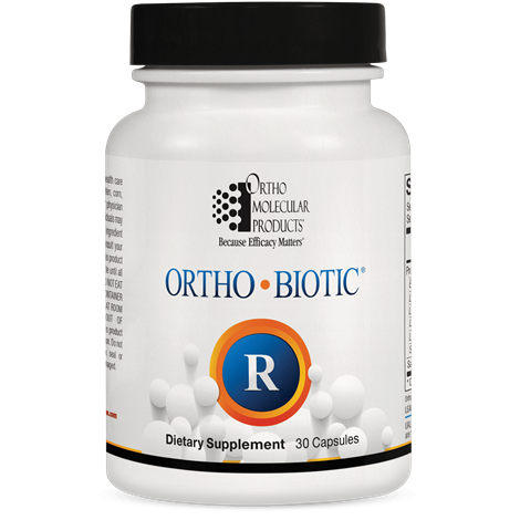 A bottle of Ortho Biotic R dietary supplement with 30 capsules, indicating it is a probiotic supplement developed by Orthomolecular Products.