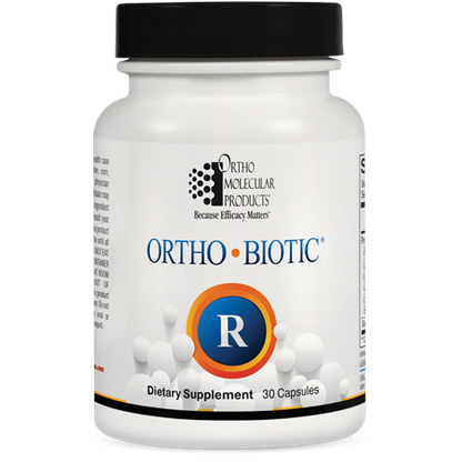 A bottle of Ortho Biotic R dietary supplement with 30 capsules, indicating it is a probiotic supplement developed by Orthomolecular Products.