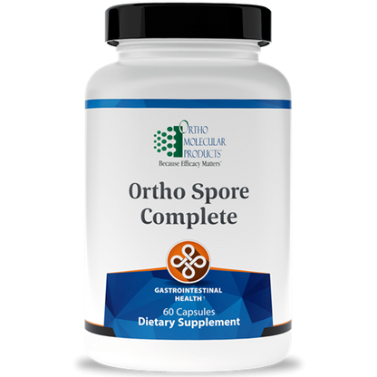 A bottle of Ortho Spore Complete dietary supplement with 60 capsules, labeled for gastrointestinal health.