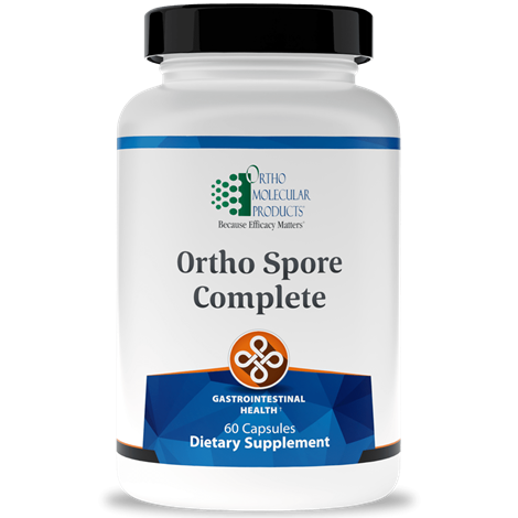 A bottle of Ortho Spore Complete dietary supplement with 60 capsules, labeled for gastrointestinal health.