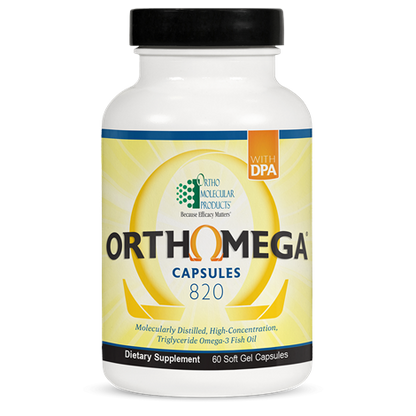 A bottle of Orthomega 820 dietary supplement capsules from OrthoMolecular Products.