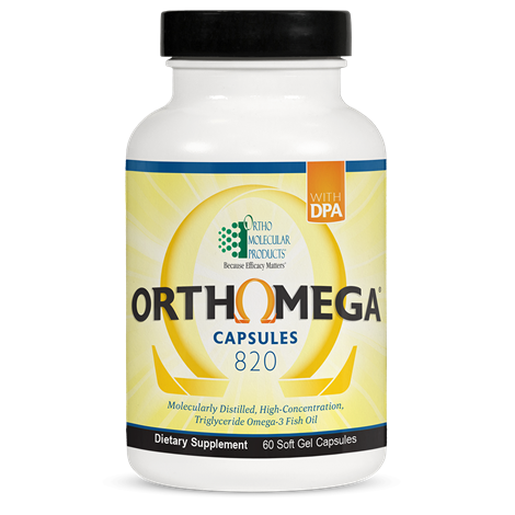 A bottle of Orthomega 820 dietary supplement capsules from OrthoMolecular Products.