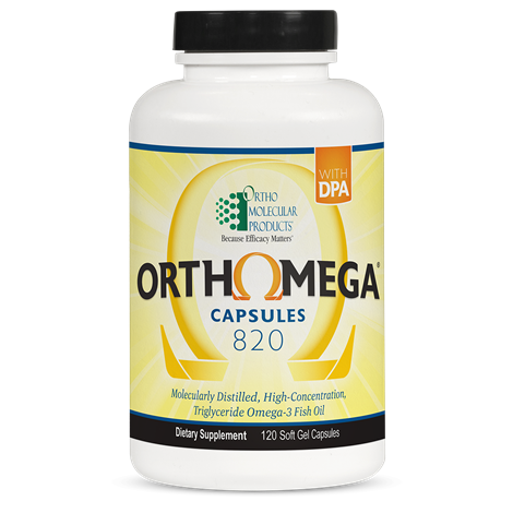 A bottle of Orthomega 820 dietary supplement capsules from OrthoMolecular Products.