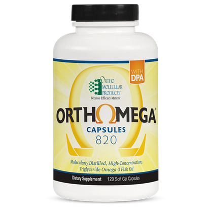 A bottle of Orthomega 820 dietary supplement capsules from OrthoMolecular Products.