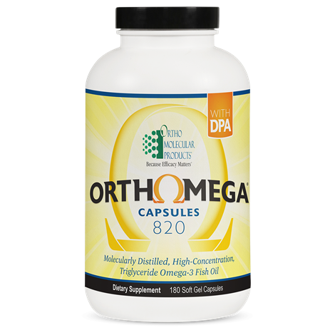 A bottle of Orthomega 820 dietary supplement capsules from OrthoMolecular Products.