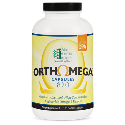 A bottle of Orthomega 820 dietary supplement capsules from OrthoMolecular Products.