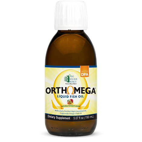 A bottle of Orthomega Liquid Fish Oil with mango flavor, showcasing the product label with nutritional information and branding.