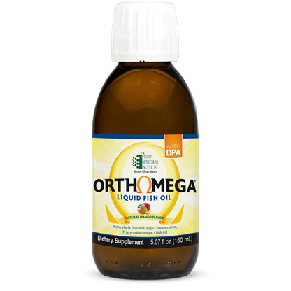 A bottle of Orthomega Liquid Fish Oil with mango flavor, showcasing the product label with nutritional information and branding.