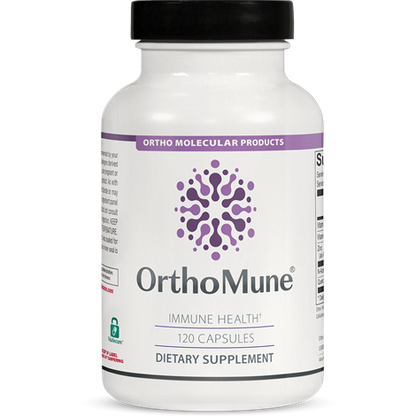 A bottle of OrthoMune dietary supplement by OrthoMolecular Products, containing immune health capsules.