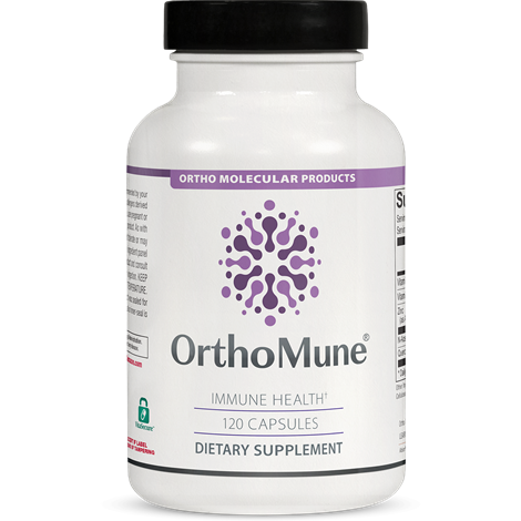 A bottle of OrthoMune dietary supplement by OrthoMolecular Products, containing immune health capsules.