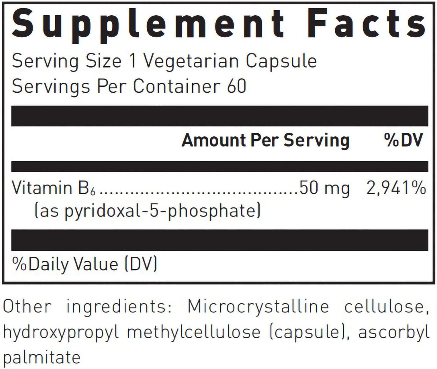 Supplement facts for a bottle of Douglas Labs Pyridoxal-5-Phosphate dietary supplement 