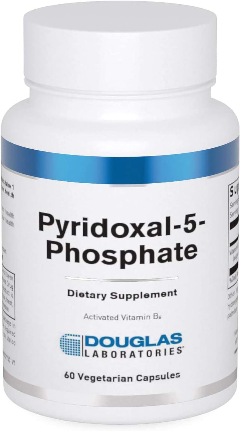 A bottle of Douglas Labs Pyridoxal-5-Phosphate dietary supplement with 100 capsules, indicating activated Vitamin B6.