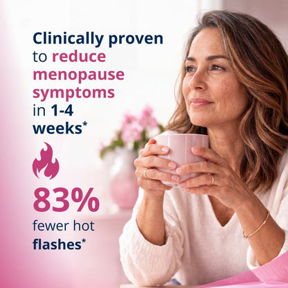 Woman holding a mug with text about reducing menopause symptoms