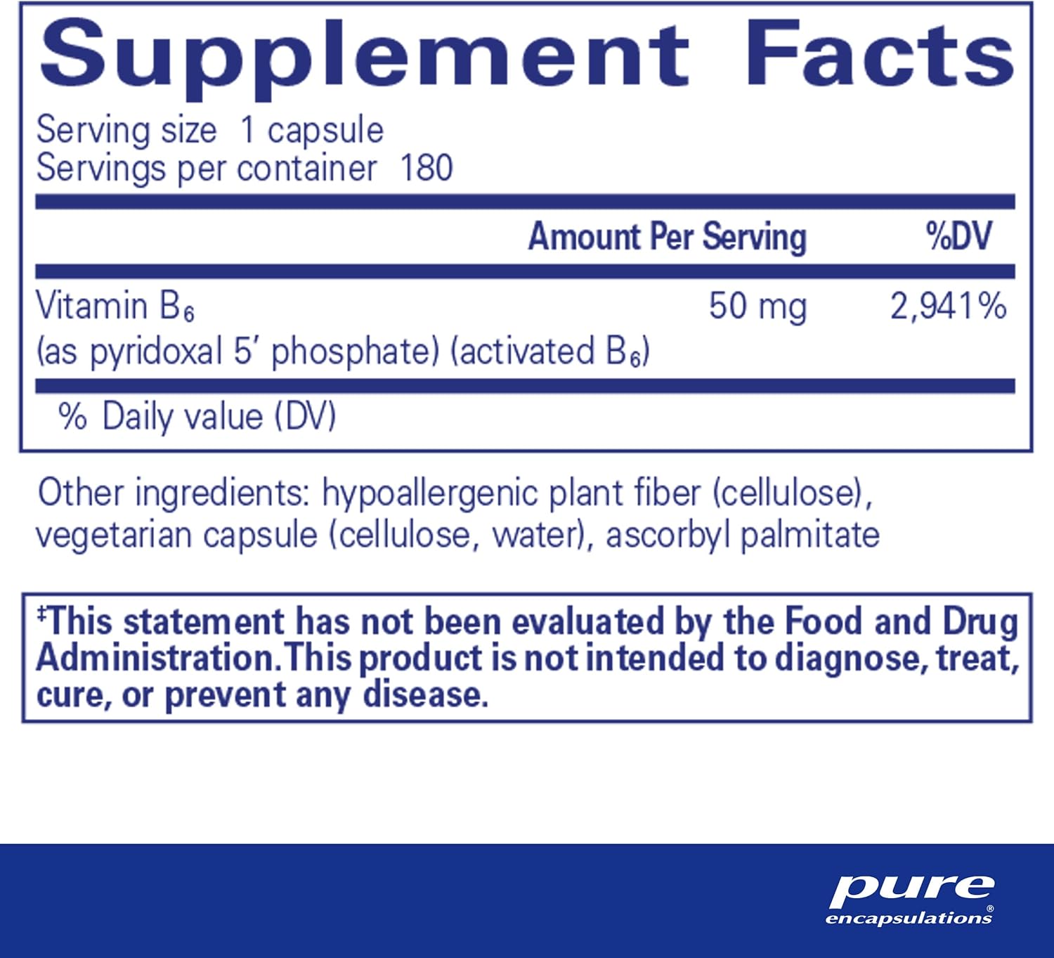 Supplement facts and ingredient information for a  bottle of Pure Encapsulations P-5-P 50 dietary supplement