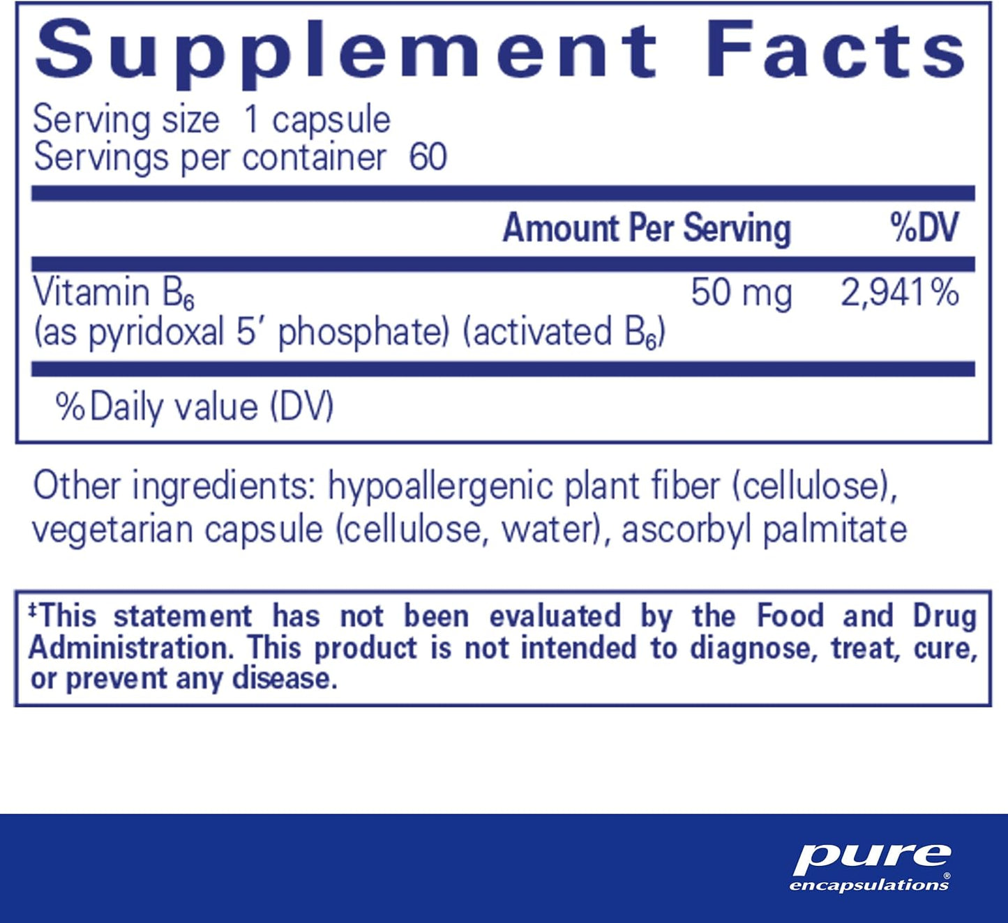 Supplement facts and ingredient information for a  bottle of Pure Encapsulations P-5-P 50 dietary supplement