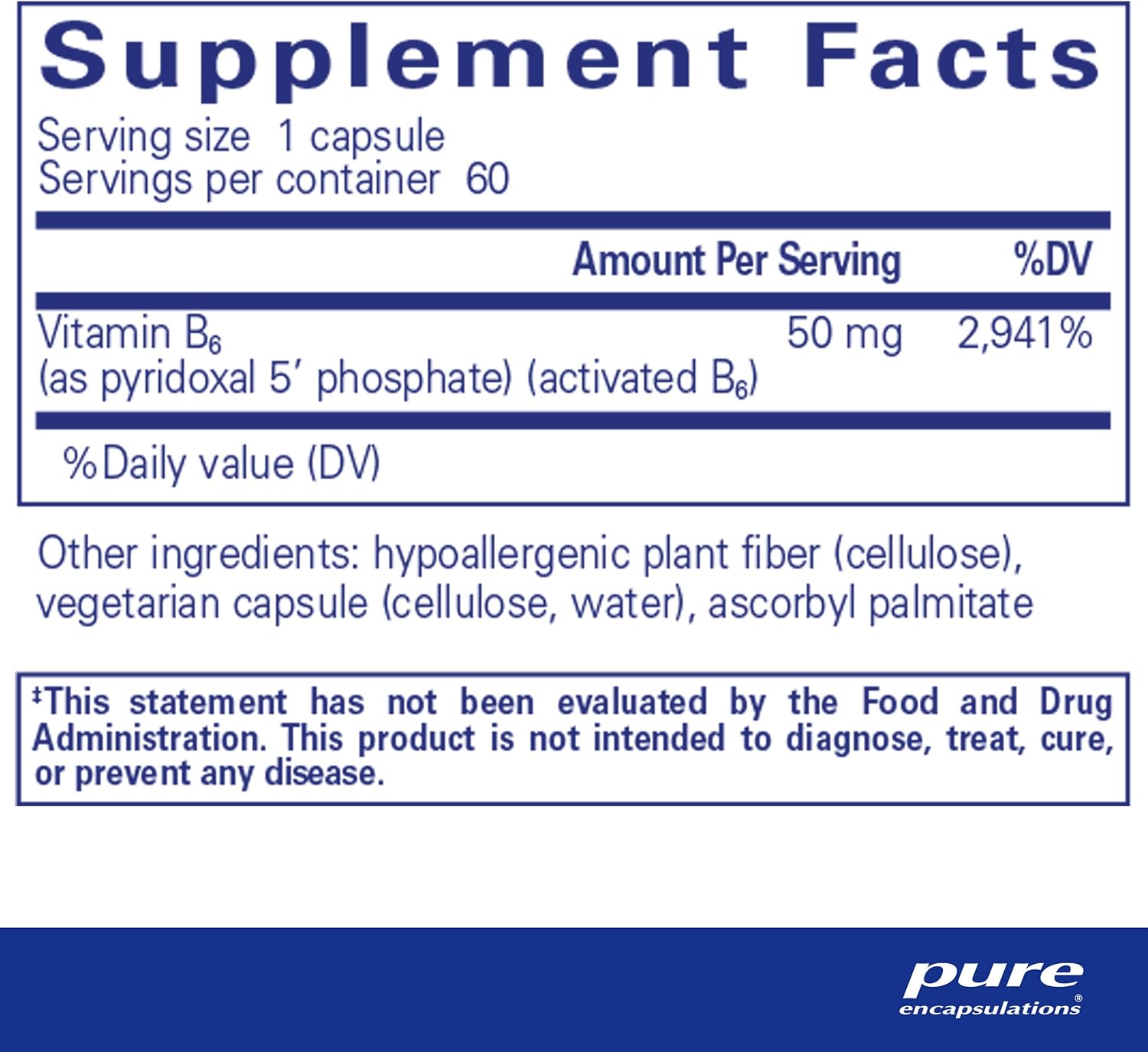 Supplement facts and ingredient information for a  bottle of Pure Encapsulations P-5-P 50 dietary supplement