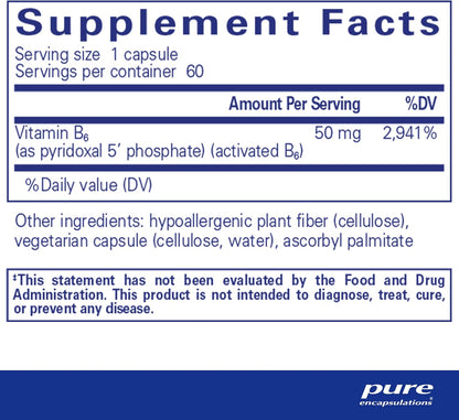 Supplement facts and ingredient information for a  bottle of Pure Encapsulations P-5-P 50 dietary supplement