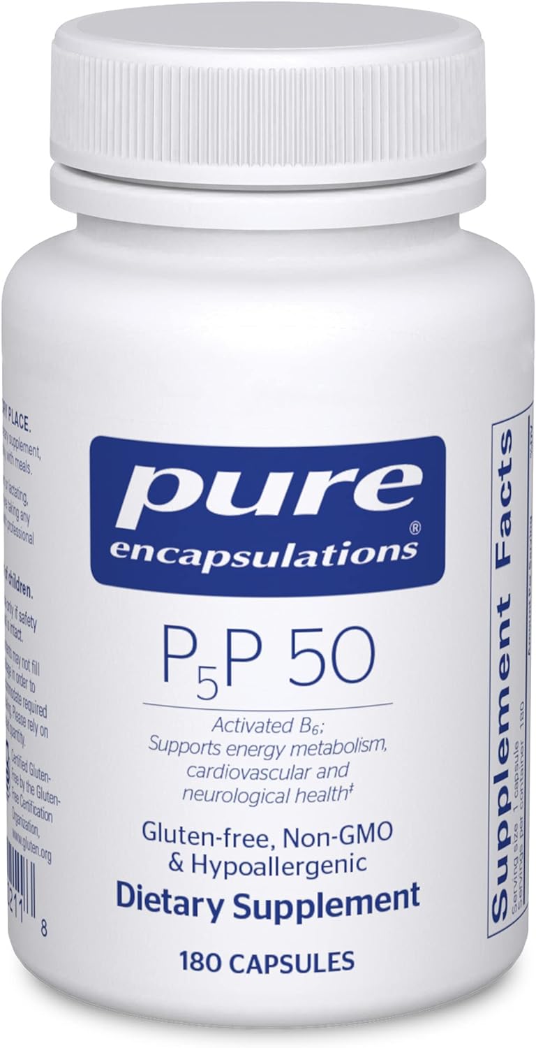 A bottle of Pure Encapsulations P-5-P 50 dietary supplement containing 180 capsules.