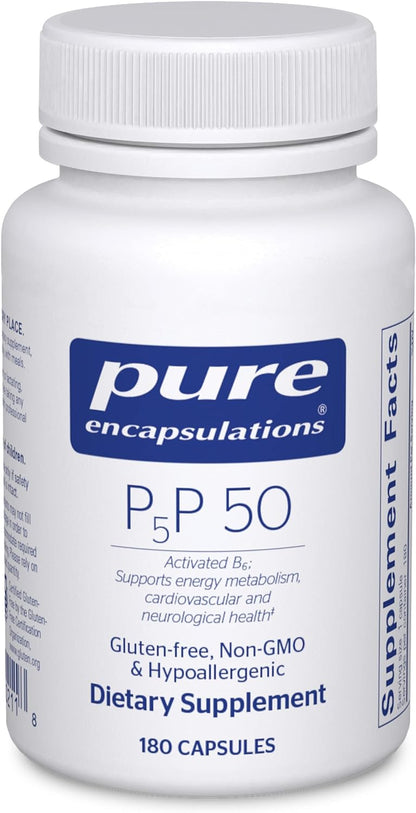 A bottle of Pure Encapsulations P-5-P 50 dietary supplement containing 180 capsules.