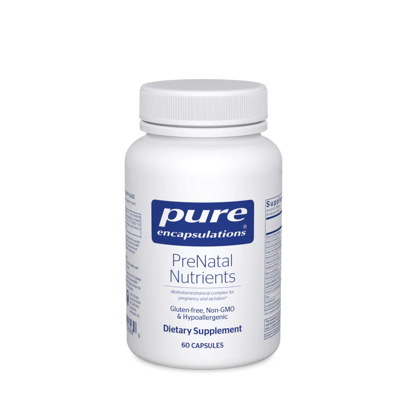 A bottle of Pure Encapsulations PreNatal Nutrients dietary supplement with 60 capsules.