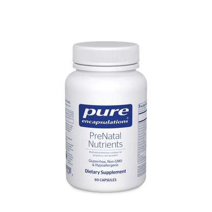 A bottle of Pure Encapsulations PreNatal Nutrients dietary supplement with 60 capsules.