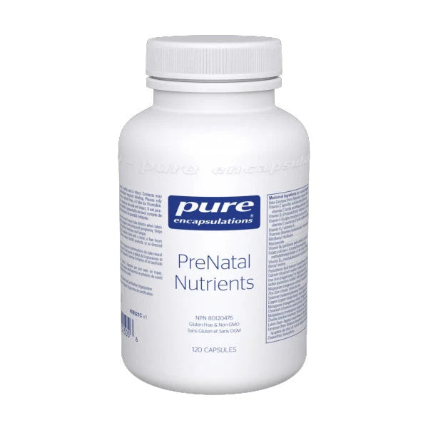 A bottle of Pure Encapsulations PreNatal Nutrients dietary supplement with 120 capsules.