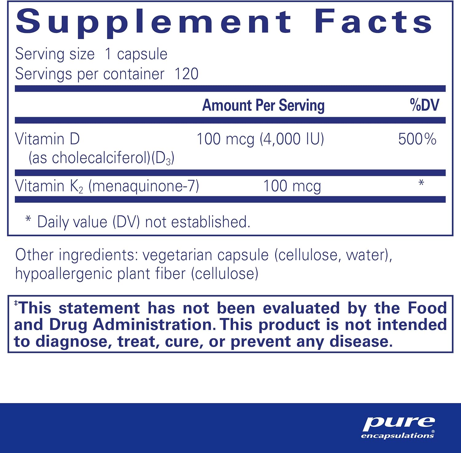 Suplement facts for a bottle of Pure Encapsulations Vitamin D3 & K2 
