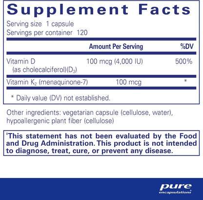 Suplement facts for a bottle of Pure Encapsulations Vitamin D3 & K2 