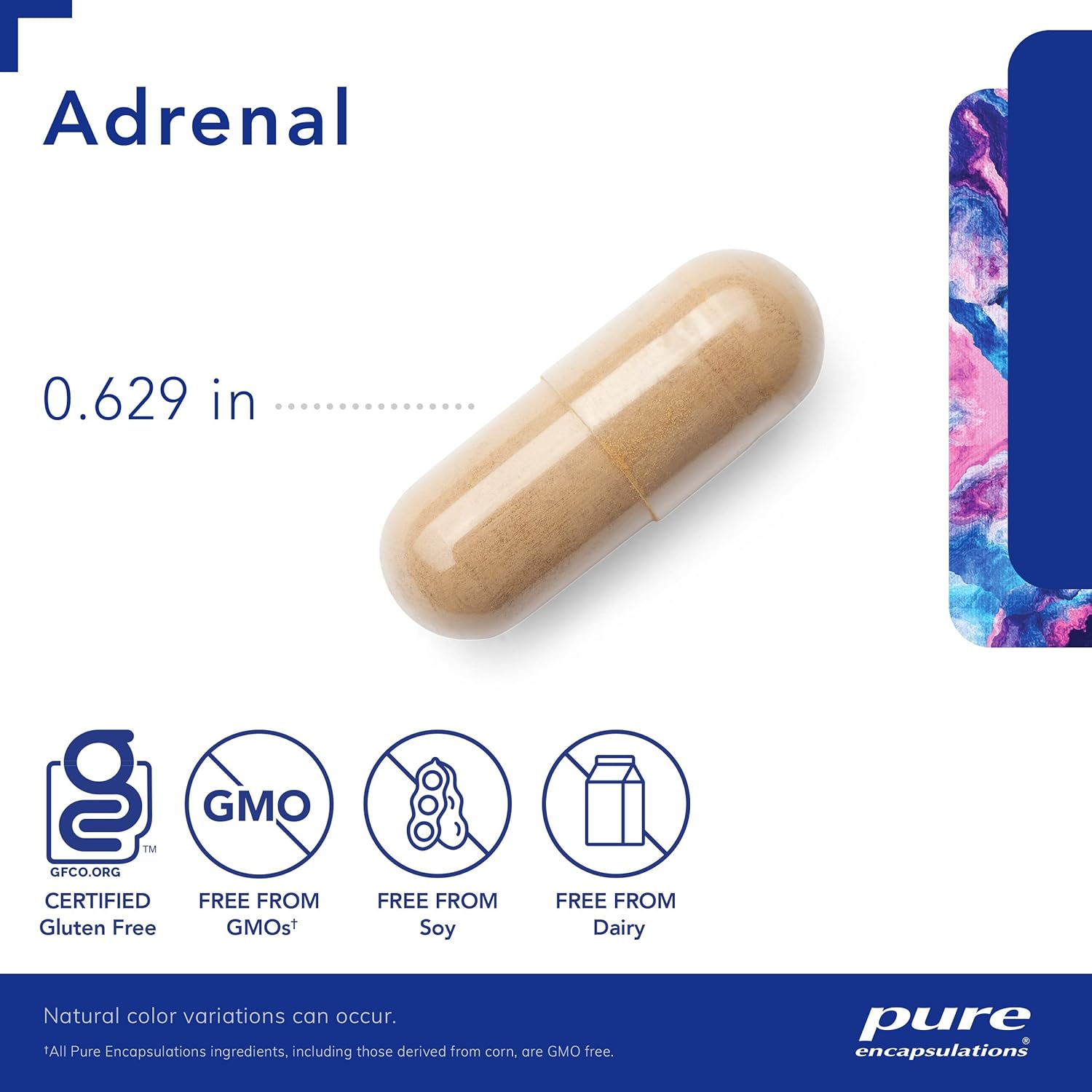 A tan, Pure Encapsulations Adrenal dietary supplement that measure .629 inches and is GF, GMO free, soy free, and dairy free.