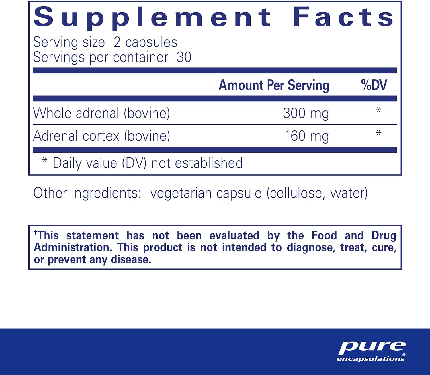 Supplement facts for a bottle of Pure Encapsulations Adrenal dietary supplement