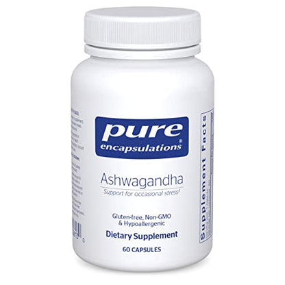 A bottle of Pure Encapsulations Ashwagandha dietary supplement containing 60 capsules, with labels indicating gluten-free, non-GMO, and hypoallergenic.