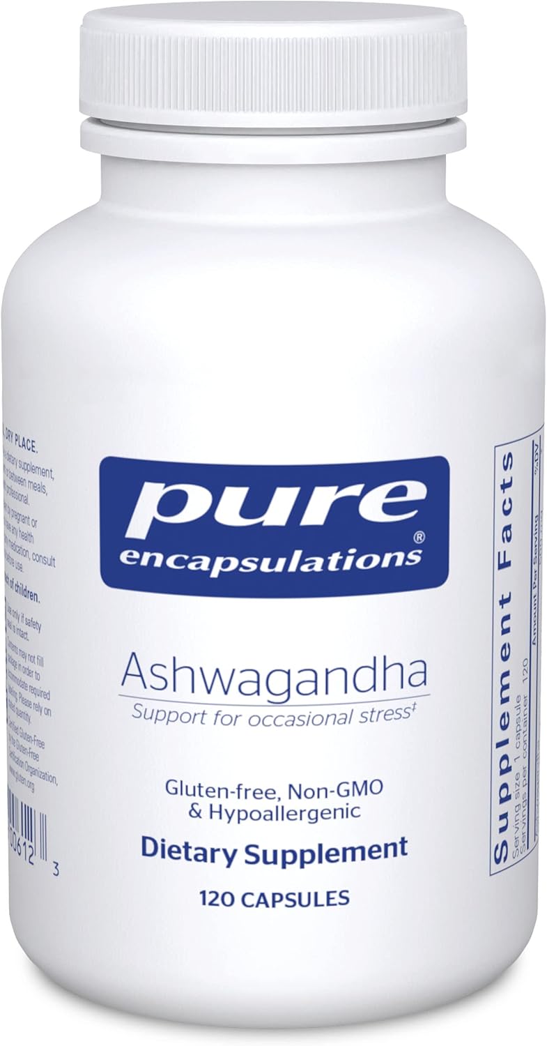 A bottle of Pure Encapsulations Ashwagandha dietary supplement containing 120 capsules, with labels indicating gluten-free, non-GMO, and hypoallergenic.