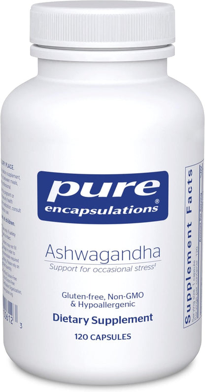 A bottle of Pure Encapsulations Ashwagandha dietary supplement containing 120 capsules, with labels indicating gluten-free, non-GMO, and hypoallergenic.