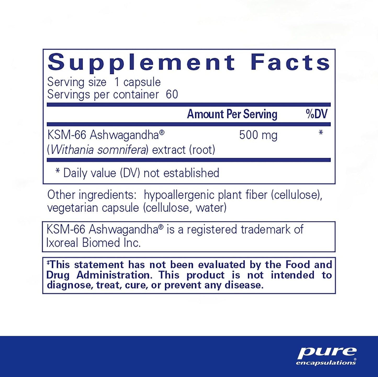 Supplement facts for a bottle of Pure Encapsulations Ashwagandha dietary supplement 