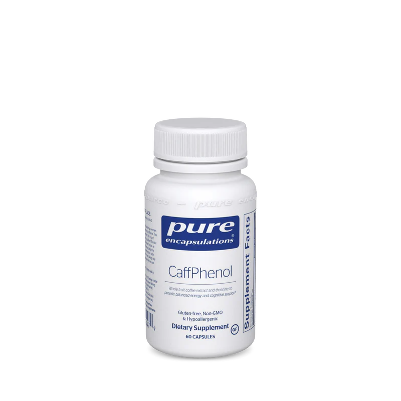 A bottle of Pure Encapsulations CaffPhenol dietary supplement with white labeling.