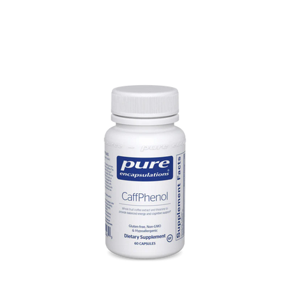 A bottle of Pure Encapsulations CaffPhenol dietary supplement with white labeling.