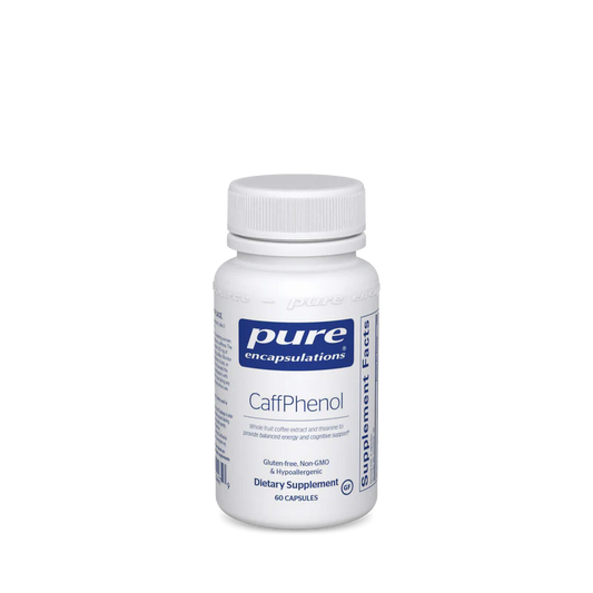 A bottle of Pure Encapsulations CaffPhenol dietary supplement with white labeling.