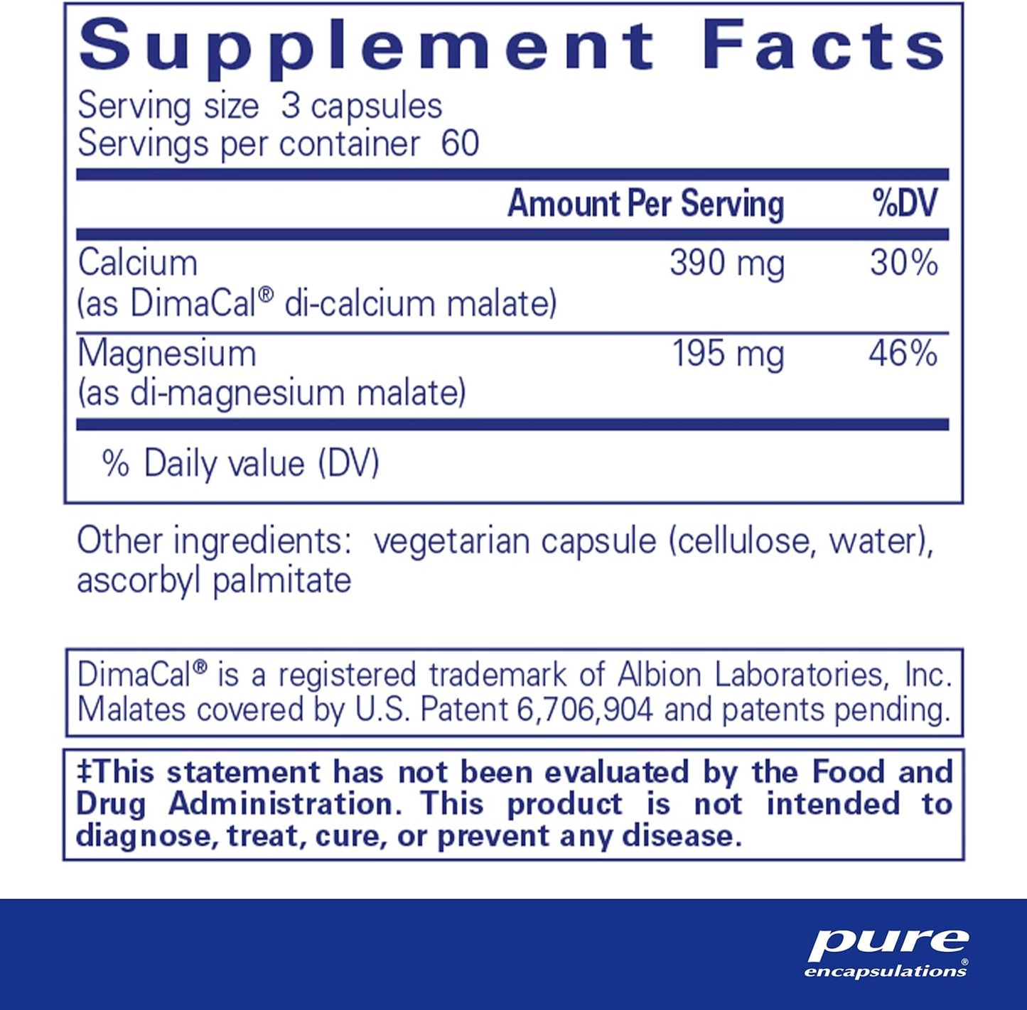 Supplement facts for a bottle of Pure Encapsulations Calcium Magnesium (malate) 2:1 180's dietary supplement