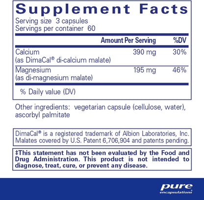 Supplement facts for a bottle of Pure Encapsulations Calcium Magnesium (malate) 2:1 180's dietary supplement