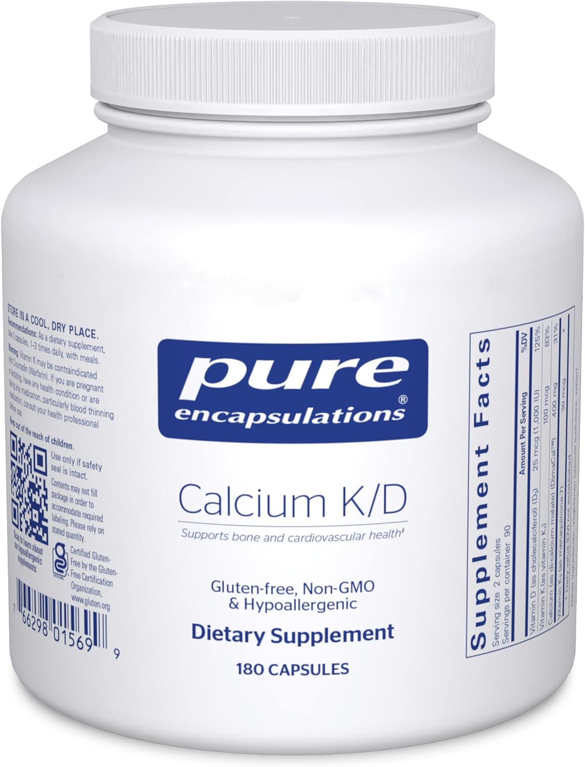 A bottle of Pure Encapsulations Calcium K/D dietary supplement with 180 capsules, labeled as gluten-free, non-GMO, and hypoallergenic.