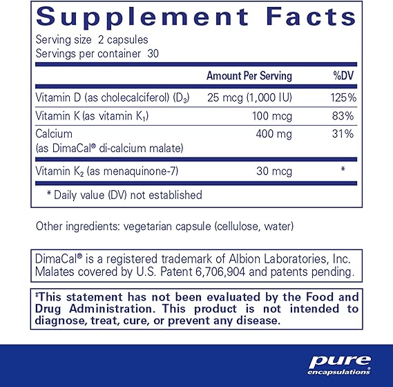 Supplemenmt facts for a bottle of Pure Encapsulations Calcium K/D dietary supplement 
