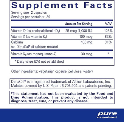 Supplemenmt facts for a bottle of Pure Encapsulations Calcium K/D dietary supplement 
