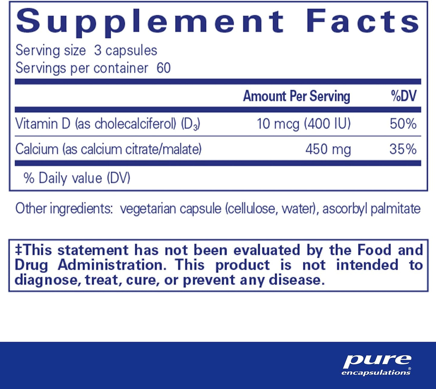 Supplement facts for a bottle of Pure Encapsulations Calcium with Vitamin D3 supplement