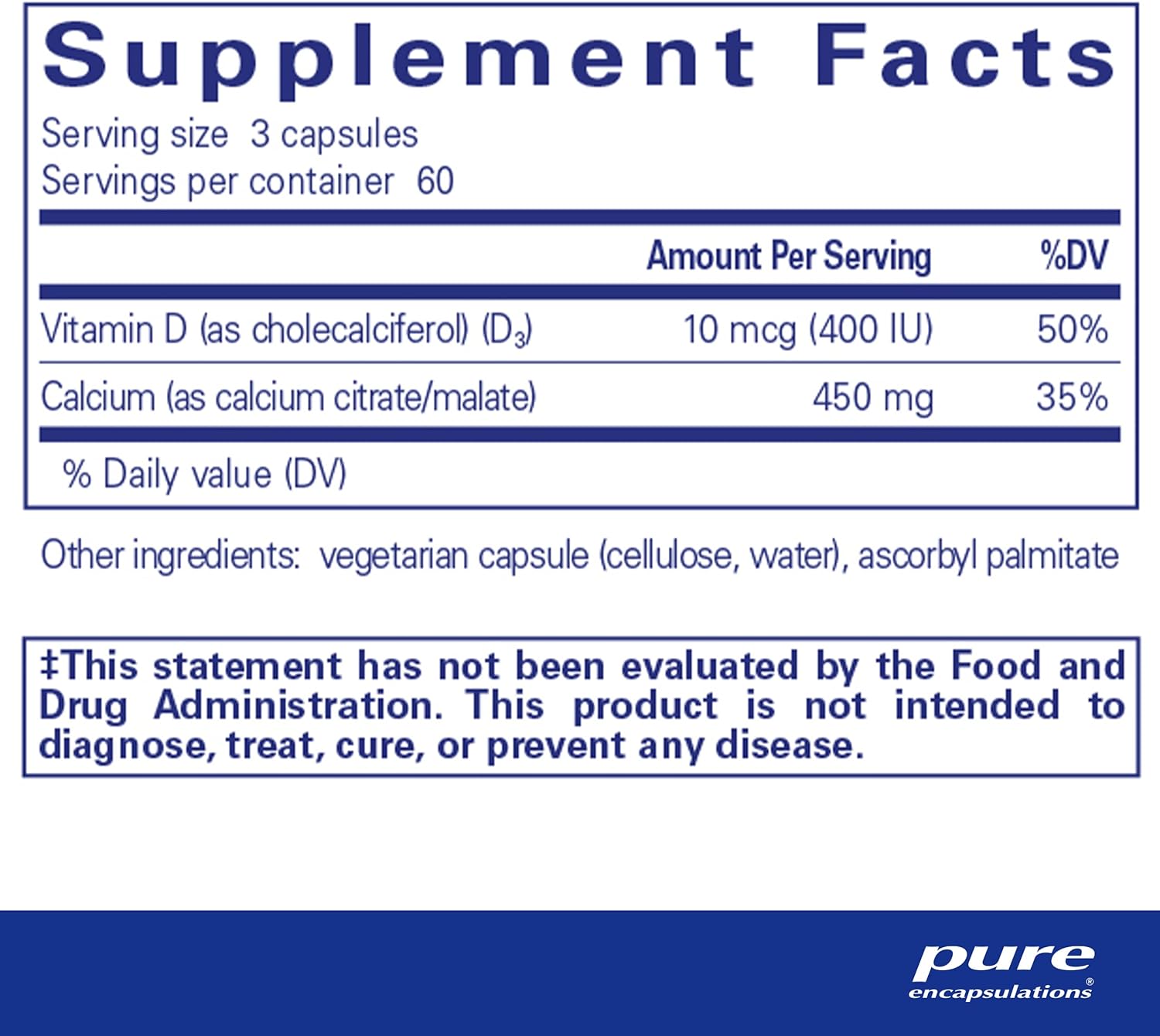 Supplement facts for a bottle of Pure Encapsulations Calcium with Vitamin D3 supplement