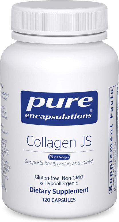 A bottle of Pure Encapsulations Collagen JS dietary supplement with 120 capsules, labeled for joint and skin health.
