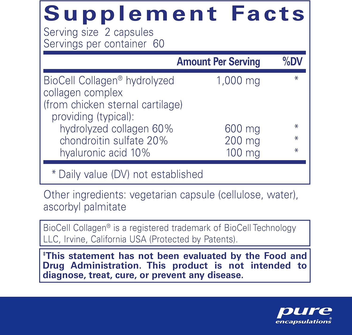 Supplement facts for a bottle of Pure Encapsulations Collagen JS dietary supplement
